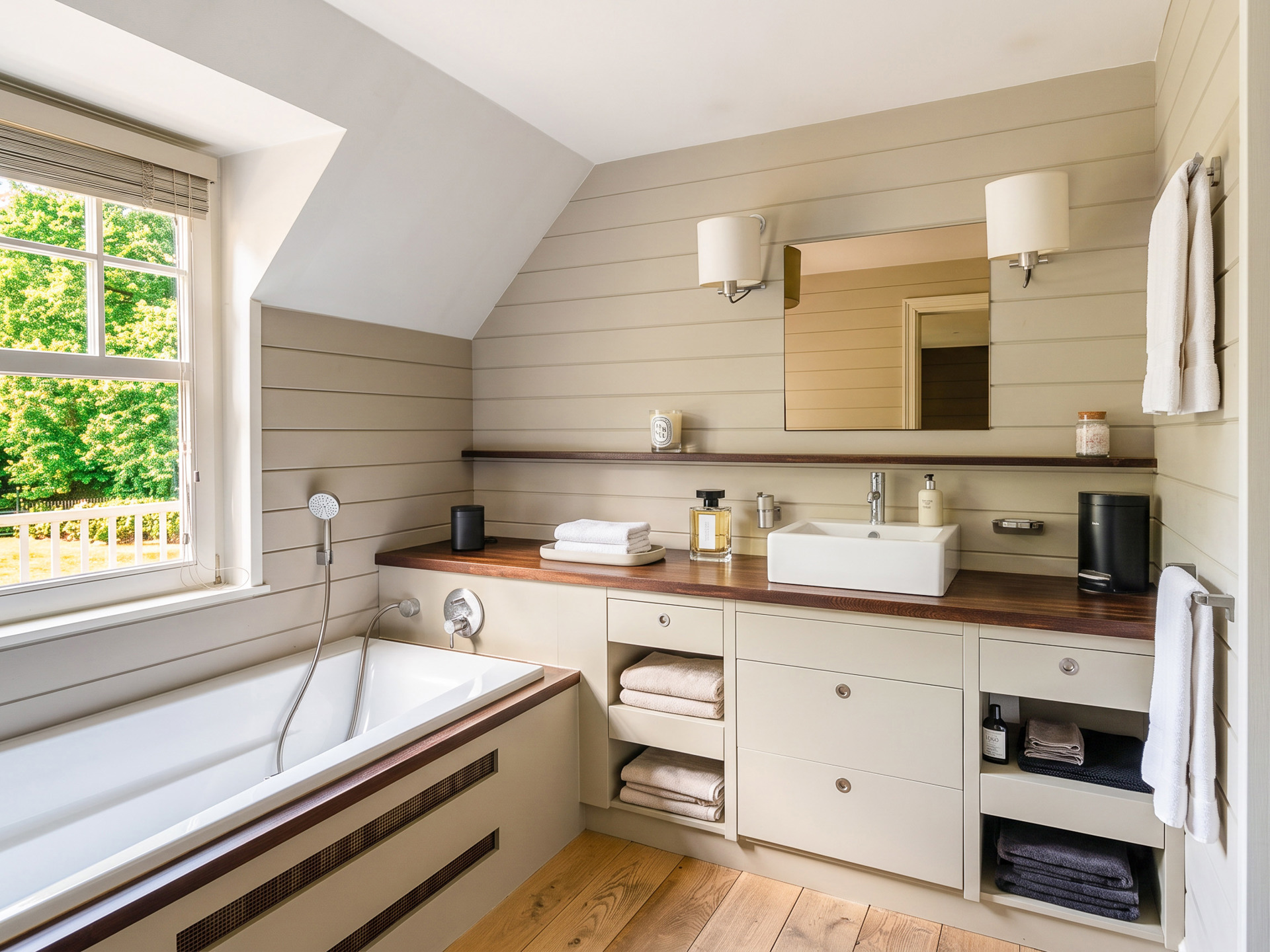 Salle de bain — baignoire, vue sur le jardin