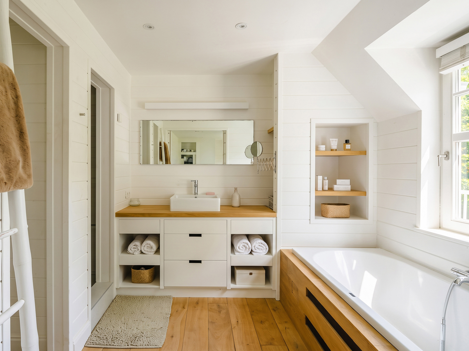 Salle de bain — baignoire encastrée, rangements sur mesure